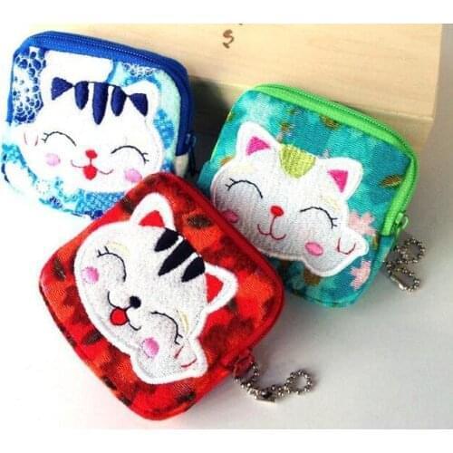 50pcs/pack Lovely Women Purse Lucky Cat 10 Styles Small Zero Wallet Cloth Coin Purses Canvas Bag Student Gift Wholesale 8*8 cm