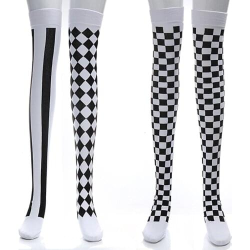 Clown Costume Black White Plaid Knee-High Long Socks Halloween Carnival Party