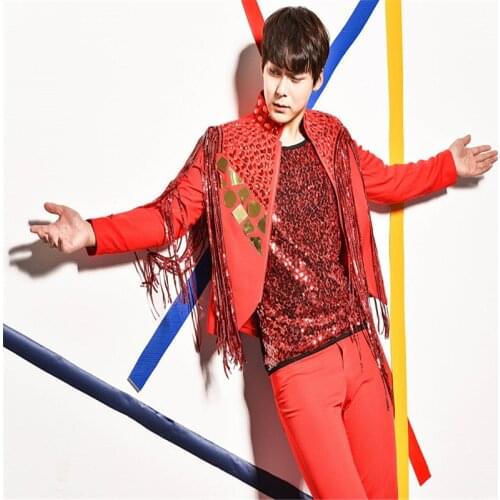 R62 Red sequin dj suit ballroom dance costumes party wears model dress jacket bar vest club pants singer t-shirt show clothing