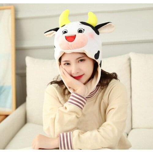 Women Kids Cute Cartoon Milk Cow Plush Hat Funny Animal Stuffed Toys Warm Earflap Cap Cosplay Holiday Party Photo Props