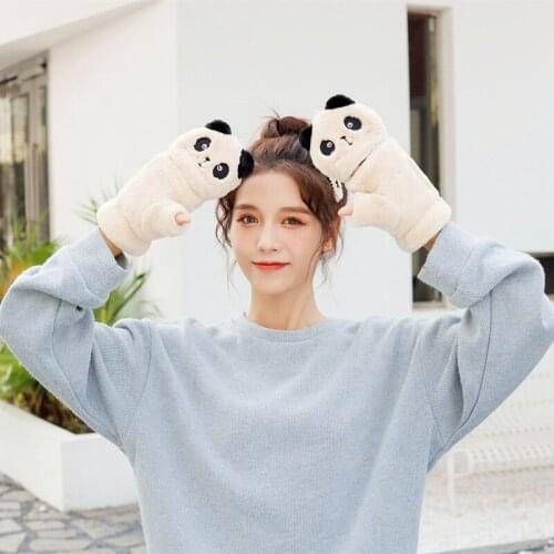 Winter Warm Soft Short Knit Mittens Women Flip Half Finger Driving Gloves Plush Thick Cute Panda Touch Screen Gloves