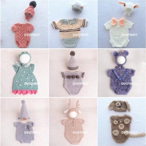 Dvotinst Newborn Baby Photography Props Crochet Knit Clothes Hat Outfits Set Fotografia Cotton Yarn Costume Studio Photo Props