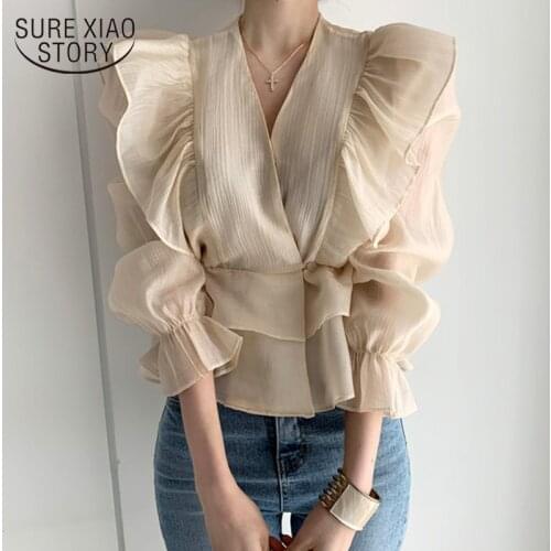 2021 Spring Ruffled V-neck Shirt Fashion Female Vintage Chiffon Blouse Solid Sweet Flare Sleeve Womans Shirt with Apricot 10334