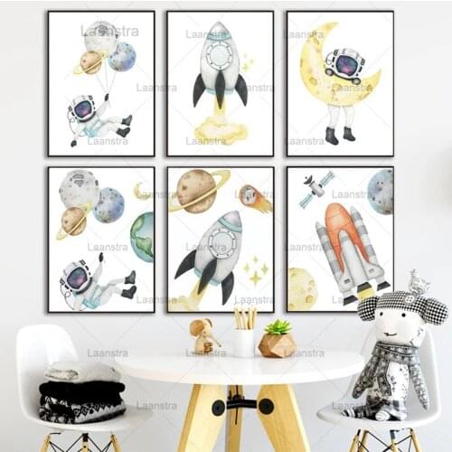 Modern Cartoon Space Astronaut Planet Children Poster Rocket Moon Kindergarten Bedroom Home Decoration Painting Canvas Wall Art