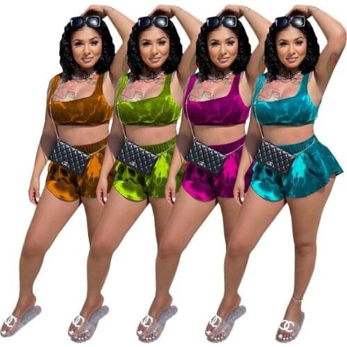 Adogirl Casual Tie Dye Print Tracksuit Woman Two Piece Set Spaghetti Strap Crop Top + Shorts Summer Clothes For Summer Outfits