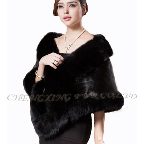 CX-B-M-05F Bridal Party Fashion Black Luxury Mink Fur Stole Shawl with Fox Fur Trim