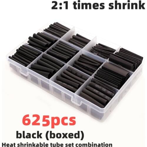 625pcs Black boxed heat shrinktubing 2:1 electronic connector kit insulated polyolefin sheathed shrink cables and cables tube
