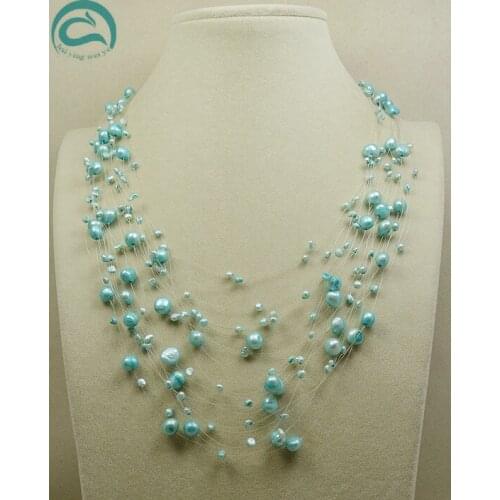 Unique Pearls jewellery Store Handmade Wedding Birthday Perfect Women Gift Sky Blue 3-9MM 20rows Illusion Pearl Necklace