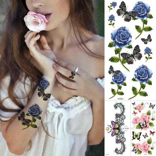 Waterproof Temporary Tattoo Sticker Blue Rose Flower Butterfly Lace Flash Tatto Chest Arm Henna Body Art Fake Tatoo Man Woman