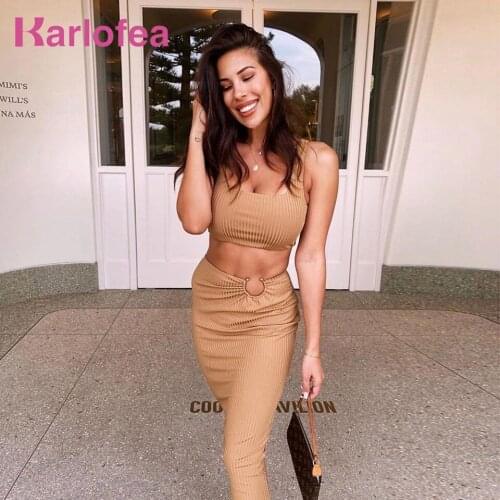 Karlofea New 2020 Lady Elegant Fashion Ribbed 2 Piece Skirt Street Outfits Sexy Tanks Crop Top And Shinny Skirt Chic Vestidos