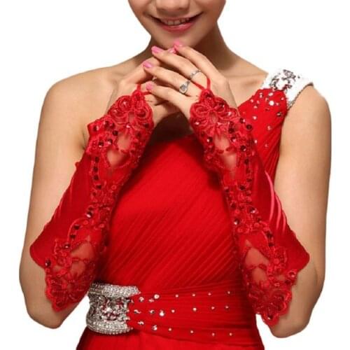 1 Pair Women Bridal Long Gloves Fingerless Lace Glitter Sequins Solid Color Length Mittens Hook Finger Wedding Party