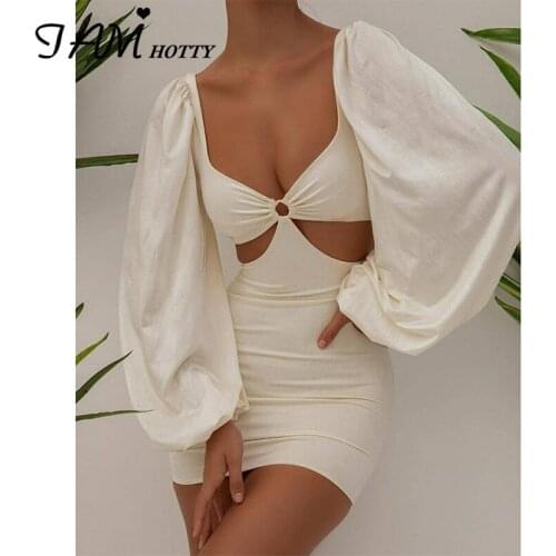 Hollow Out Waist Bodycon Dress Women Sexy V-neck Puff Long Sleeve Wrap Dresses Elegant Evening Party Short Robe White Iamhotty