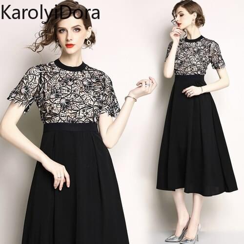 Womens dress High quality 2020 Spring European station fashion high-end lace embroidered waist dress