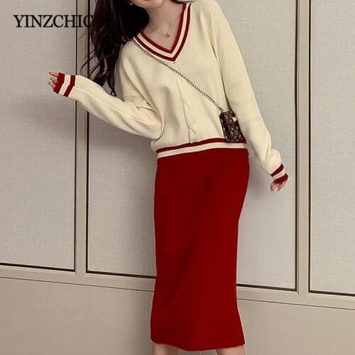Winter Woman Knitted Two-pieces Set Casual Loose Sweater Pencil Skirt Sets Female Knit Sits Woman