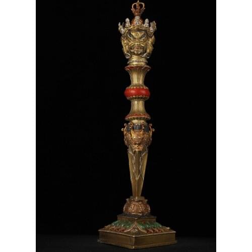 19" Tibet Buddhism Bronze Painted Three-sided Mahakala Buddha Statue Pupa King Kong Dorje Vajra Phurba Dagger Holder