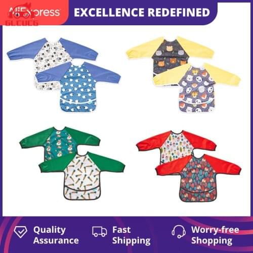 Happy Flute 2 Pieces Baby Waterproof Bib Blouse Waterproof Long Sleeve Overclothes Eating Drawing Blouse Hot Selling Baby Bibs