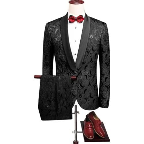 2020 Fashion Black Jacquard Shawl Collar Tuxedo Suit Men Wedding Groom Dress Prom Party Suit Smoking Jacket Best Man Blazers