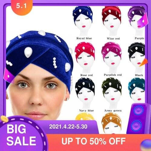 2020 New Fashion Muslim Ethnic Style Velvet Headscarf Hat Care For Hair Pearl Decoration Beauty Cap Wholesale Custom