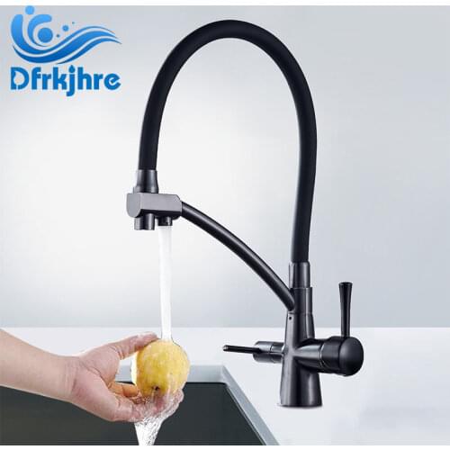 Dfrkjhre Gold Pure Water Kitchen Faucet Brass Double Handles Deck Mounted Swivel Spout Kitchen Sink Faucet Pull Out Mixer Tap