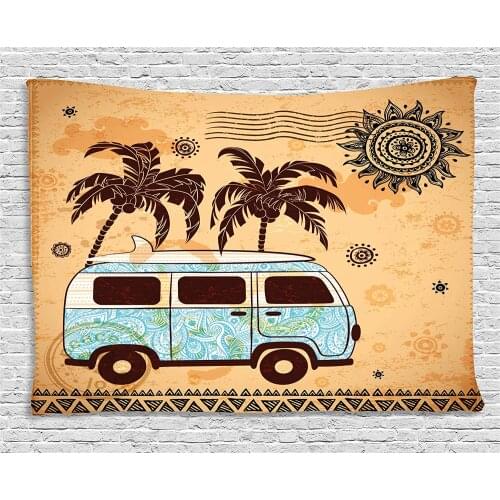 Hawaii Tapestry Retro Trees Old Van with Abstract Sun Design Beach Surfing Board Wide Wall Hanging