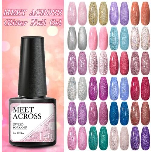 MEET ACROSS Glitter UV Gel Nail Polish Glitter Sequins Semi Permanent Soak Off UV Gel Varnish Nail Gel Lacquers Nail Art Polish