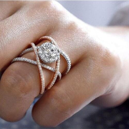 MIQIAO Cross Rose Gold Big Round Cut Zircon Gemstone Rings for Women Wedding Engagement Gift Fashion Jewelry anillos mujer Anel