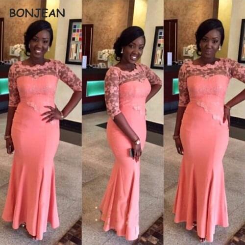 Coral Mermaid Bridesmaid Dresses for Black Girls 3/4 Sleeves Lace Appliques South Afican Bridemaid Dress for Wedding Party