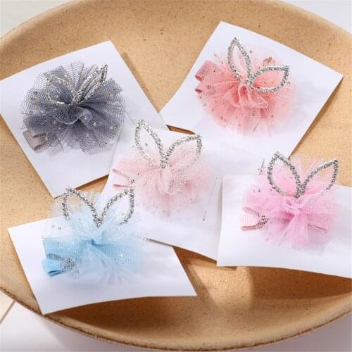 Korean Mesh Hair Bows Princess Crown Hair Clips Children Rabbit Ear Girls Hairpin Sweet Dance Party Barrettes Hair Accessories