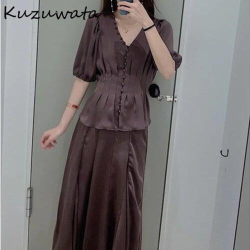 Kuzuwata Japanese Temperament V Neck Puff Short Sleeve Shirts Draped Irregular High Waist Skirts 2021 Spring Woman Clothing