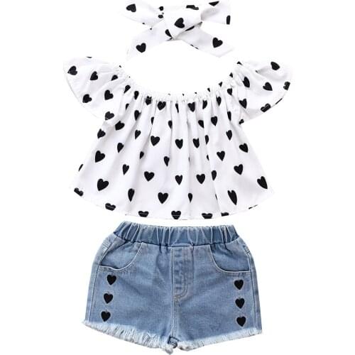 Summer Kids Clothes Set Infant Baby Girls Ruffle Top + Demin Shorts + Headband Children Outfits 1-6 Years