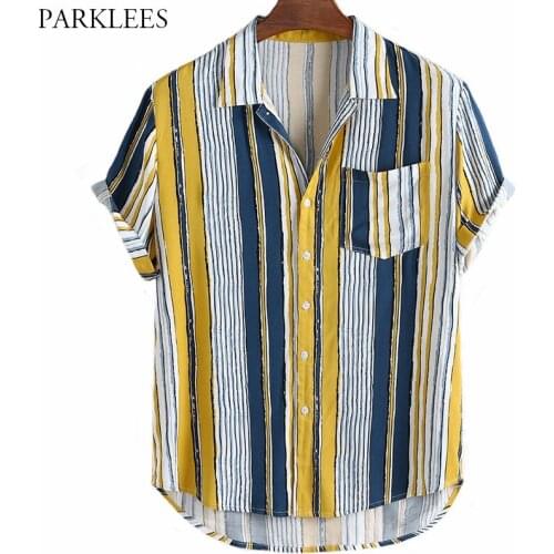Vertical Striped Summer Mens Shirt 2020 Casual Loose Shirts for Men with Front Pocket Plus Size Hawaiian Holiday Men Clothing