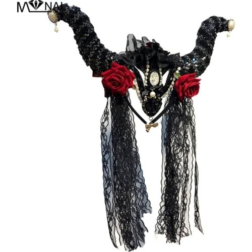 Lolita Horns Headband With Veil Gothic Rose Pearl Headdress Party Tiara Horn Halloween Horror Headband Accessories