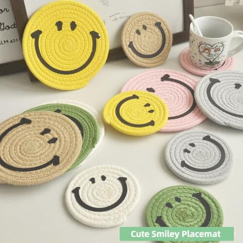Cotton Thread Coaster Handmade Braid Mat Heat Resistant Cup Pad Cute Smiley Non-slip Placemats Tablemat Kitchen Accessories