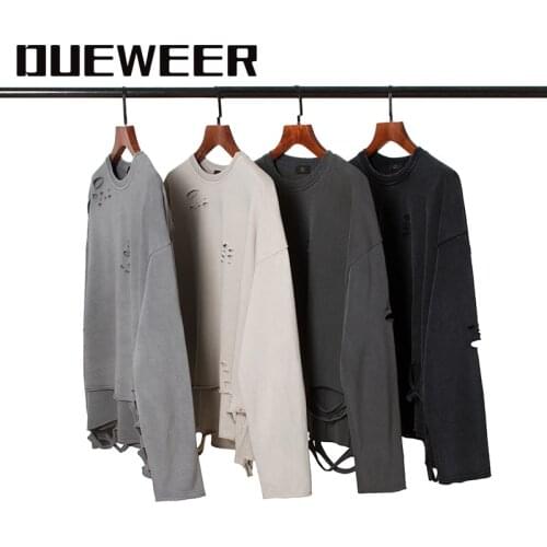 Dueweer Mens Washed Hole Destroyed Sweatshirts Streetwear Punk Distressed Hip Hop Ripped Pullover Sweatshirt