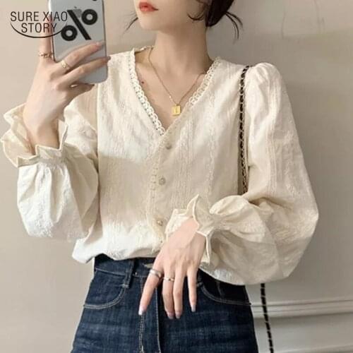 V-neck Gentle All-match Crochet Hollow Shirt Autumn Lace Button Apricot Long-sleeved Blouse Sweet Solid Acetate Blouse Top 17076