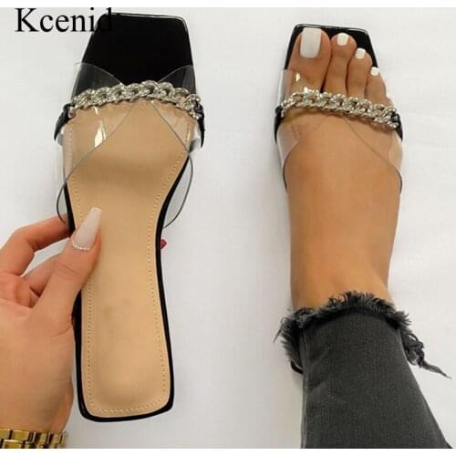 Kcenid New Fashion Chain Women Slippers Summer Peep Toe High Heels Ladies Shoes Metal Heel PVC Slides Woman Party Shoes Black