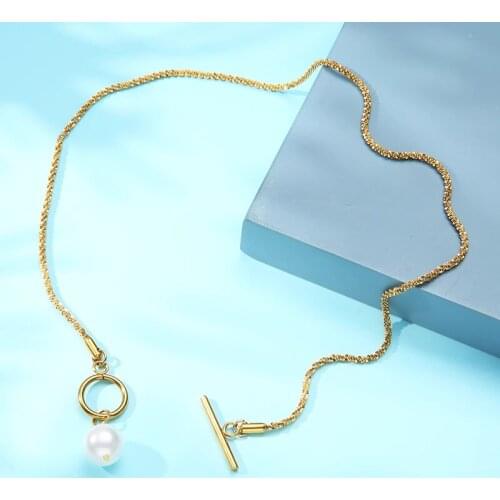 Natural Shell Pearl Necklace For Women Stainless Steel Chain Toggle Necklace Gold/Silver Color Metal Bling Chain Choker Collier
