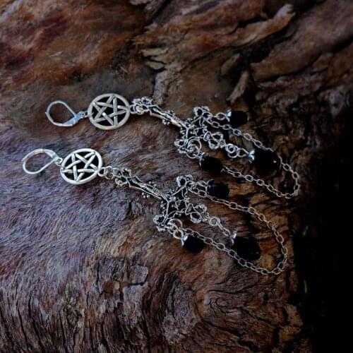 Inverted Crucifix Black Crystal Teardrop Dangle Earrings Pentagram Gothic Goth Witch Alternative Grunge Satanic Satan Pagan New