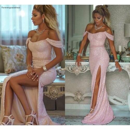 Sexy Pink Side Split Prom Dresses Mermaid Off the Shoulder Sequins Party Celebrity Gowns Women Wears Plus Size