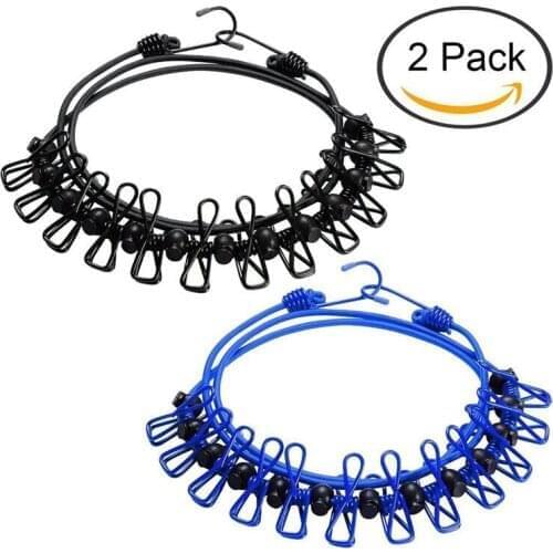 2Pcs Portable Travel Clothesline Positioning Buckle Retractable Washing Line Outdoor Camping Clothesline with 12 Clamps