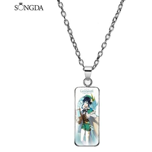 Anime Genshin Impact Rectangular Pendant Necklace Glass Dome Cute Cartoon Pattern Necklace for Women Men Teens Decorations Gifts
