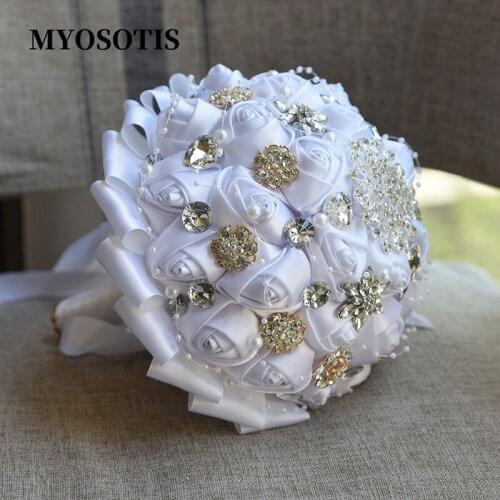 Retro European Pure White Satin Wedding Rose Flowers Rhinestone Bridal Bouquets Pearl Girls Marriage Holding Bouquet
