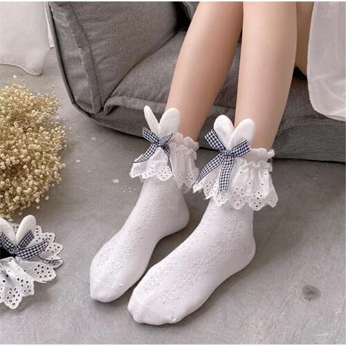 Sweet Girls Rabbit Bunny Ears Plaid Bows Short Socks Lolita Kawaii Ruffled Lace Anime Harajuku Cotton Hosiery B1826