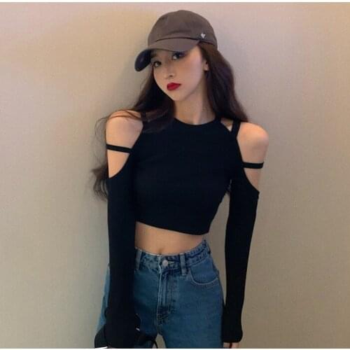 Ways dew navel condole off-the-shoulder long sleeve inside take render unlined upper garment to coat female T-shirt