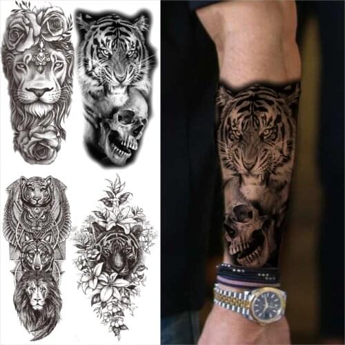 Tiger Skull Demon Forearm Temporary Tattoos For Men Women Adults Lion Rose Owl Fake Tatoos Unique Half Sleeve Tattoo Sticker