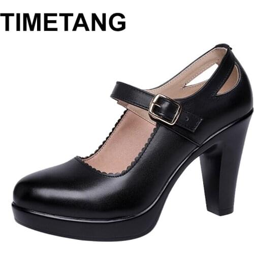 TIMETANGFashion Brand New Women High Heels Platform Pump Shoes Ladies Block Heel Shoes Black Split Leather Work Ankle Strap Shoe