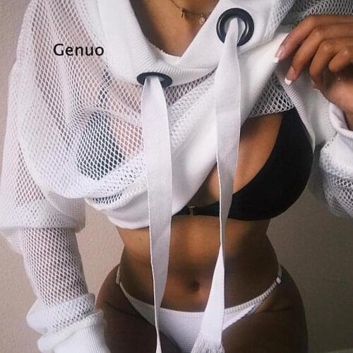 Long Sleeve Fishnet Tops Womens Sheer Mesh Cover Hooded Cropped Top Summer Ladies Hollow Out Pullovers Sexy Beach Hoodies