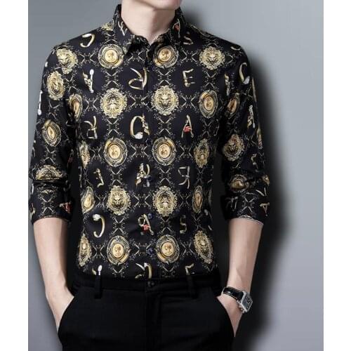 Trends 2020 Products Unusual Clothes Baroque Vintage Luxury Shirts Mens Gold and Black Printed Shirts Oversize Fashion Royal