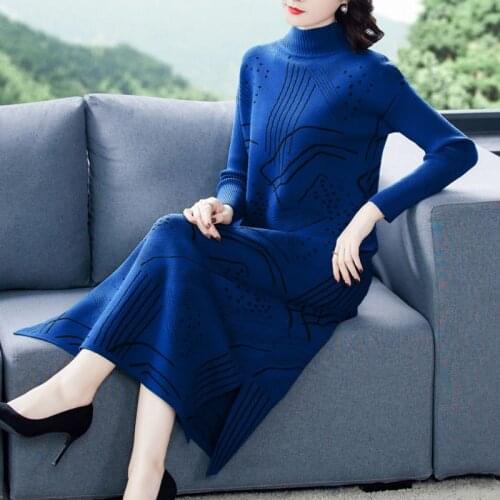 High Quality Knitted Autumn Winter Mother Women Dress Large Size Loose Long Wool Clothing Elegant Thick Warm Base Dresses OK798