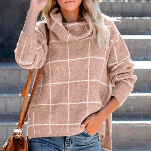 Plaid Knitted Pullover Sweater Women Turtleneck Long Sleeve Female Sweaters Oversized Casual Winter Clothes sweter mujer 2020